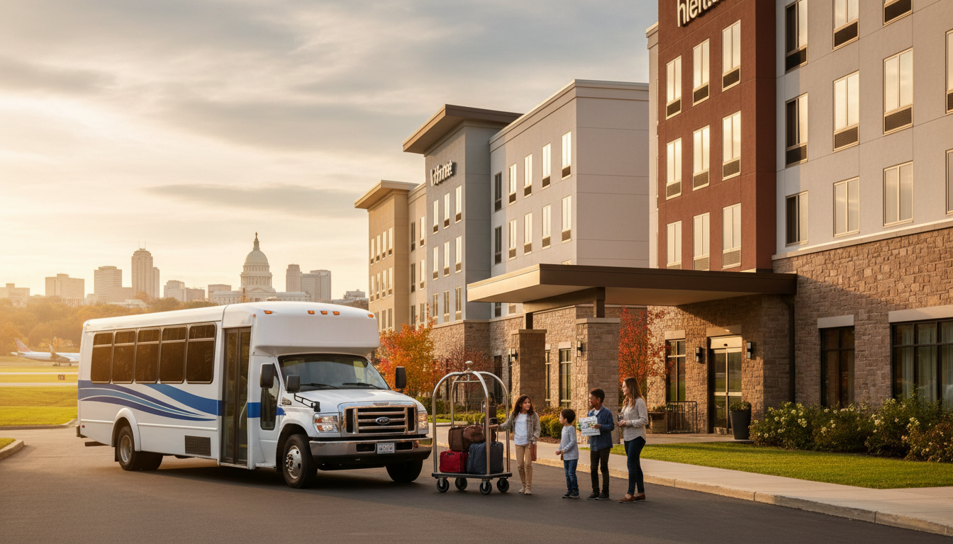Family suite hotel near Albany International Airport with an indoor pool and a complimentary shuttle van outside