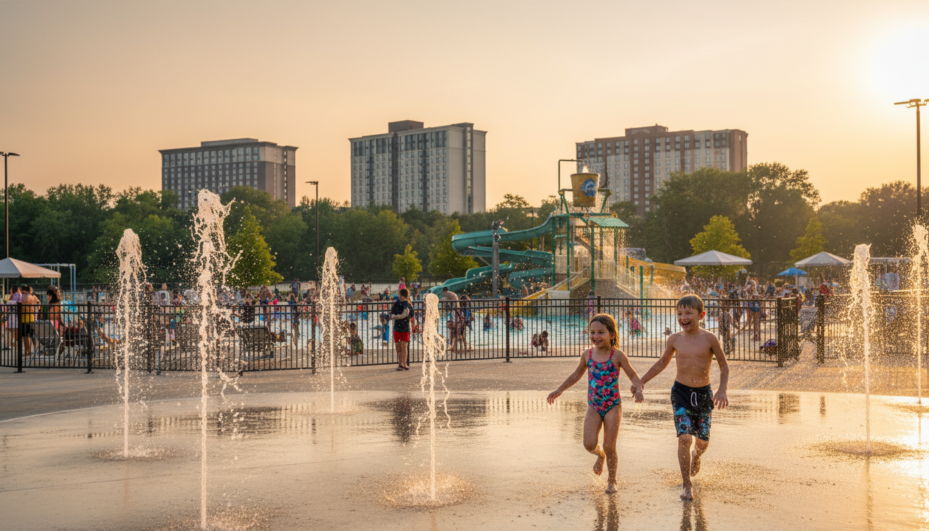 Children cooling off at a Capital Region splash pad on a hot August afternoon, with a family suite hotel a short drive away near Albany, NY