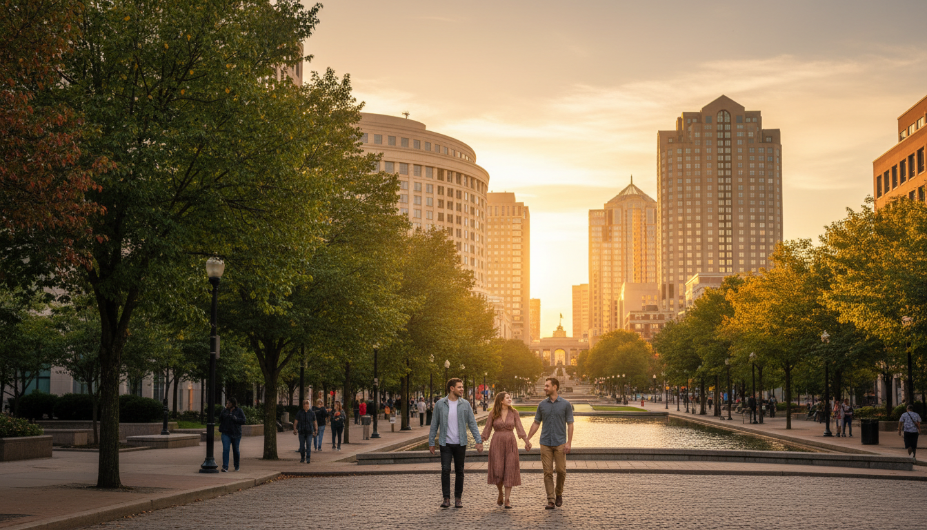 Family walking toward the Empire State Plaza reflecting pool in downtown Albany