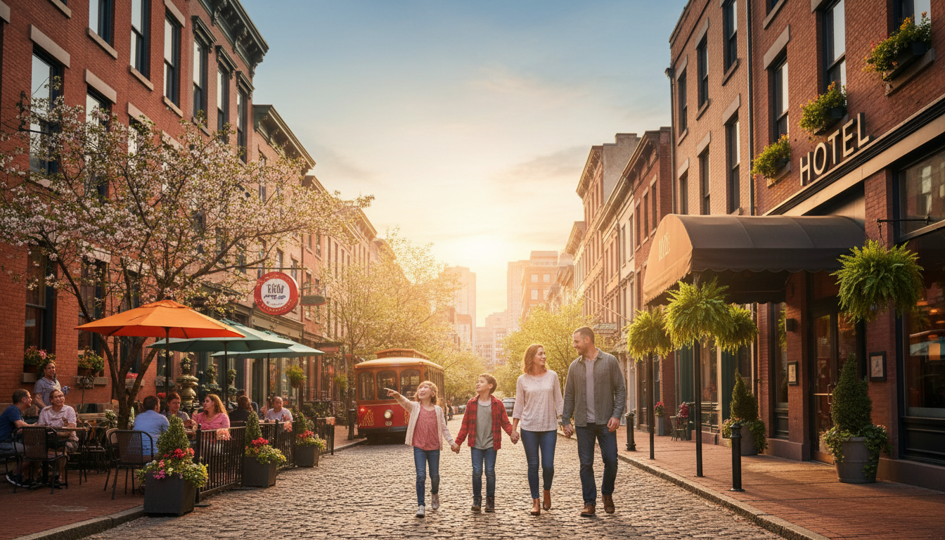 A family sharing pancakes at a classic Albany diner, with a Wolf Road suite hotel a short drive away in the Capital Region