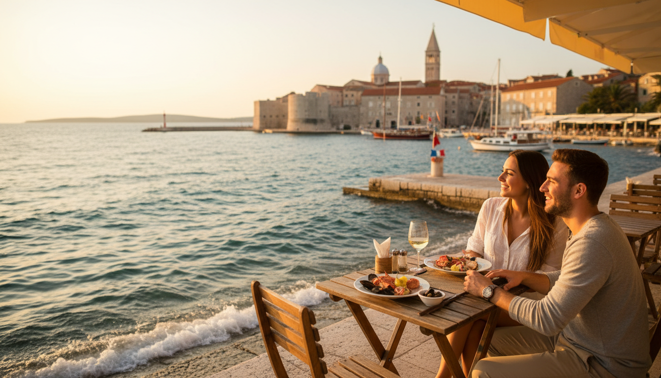 The Sea Organ steps and Zadar old town waterfront at sunset