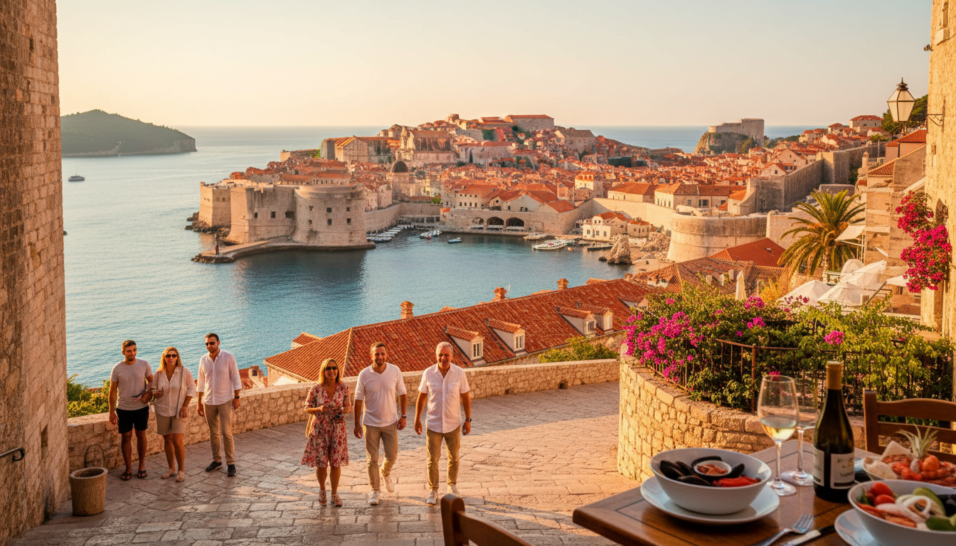 Dubrovnik walls in soft May sunshine with wildflowers