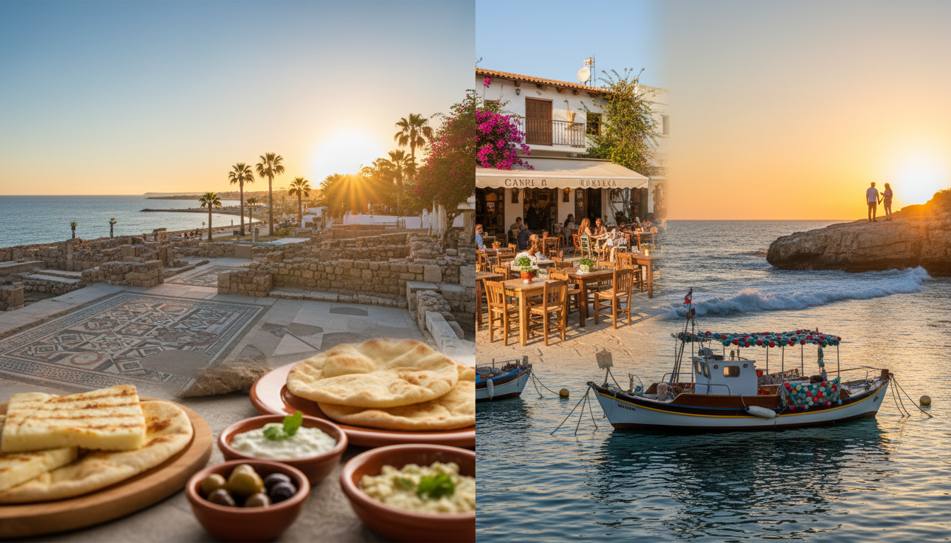 Paphos harbour and medieval castle at golden hour