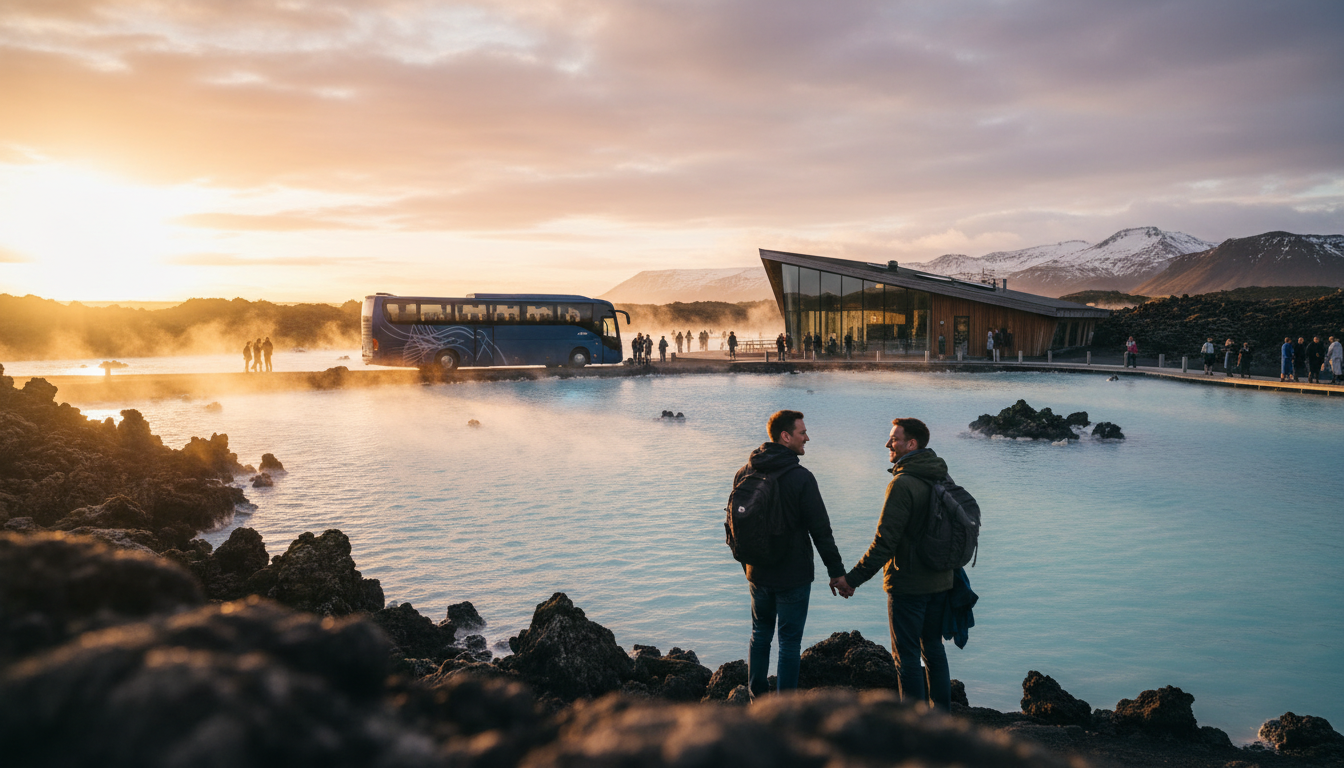 Steam rising over Iceland's Blue Lagoon geothermal spa on the Reykjanes Peninsula