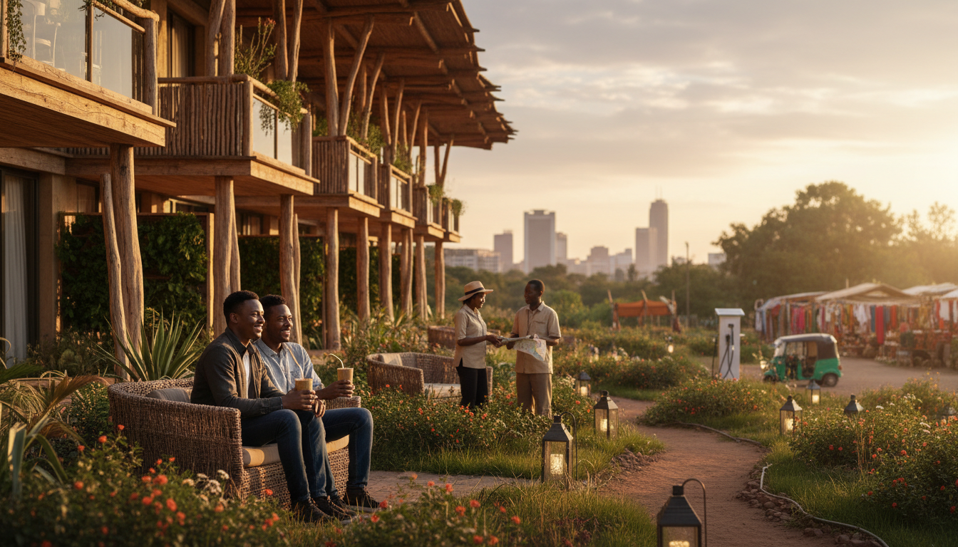 Solar panels on a garden lodge roof beside the acacia plains of Nairobi National Park