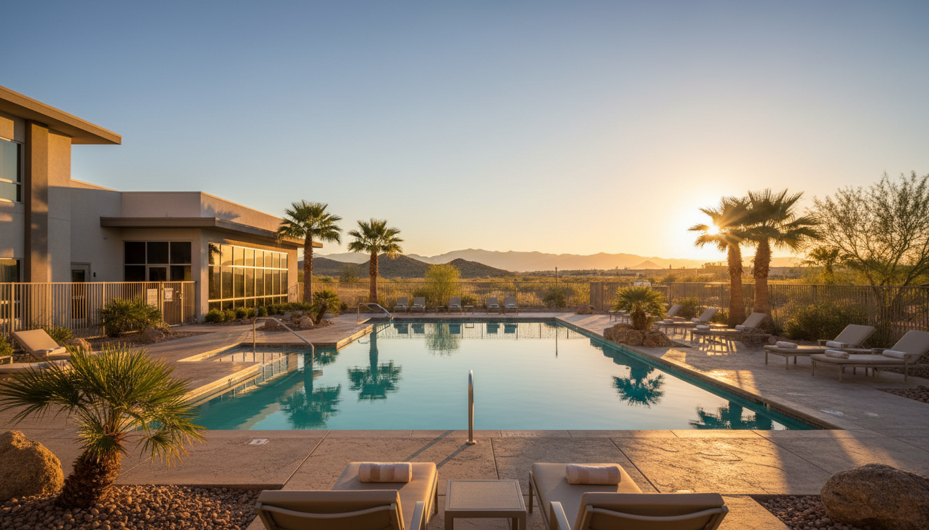 Resort pool and palm trees in Henderson Nevada with the Las Vegas skyline in the distance