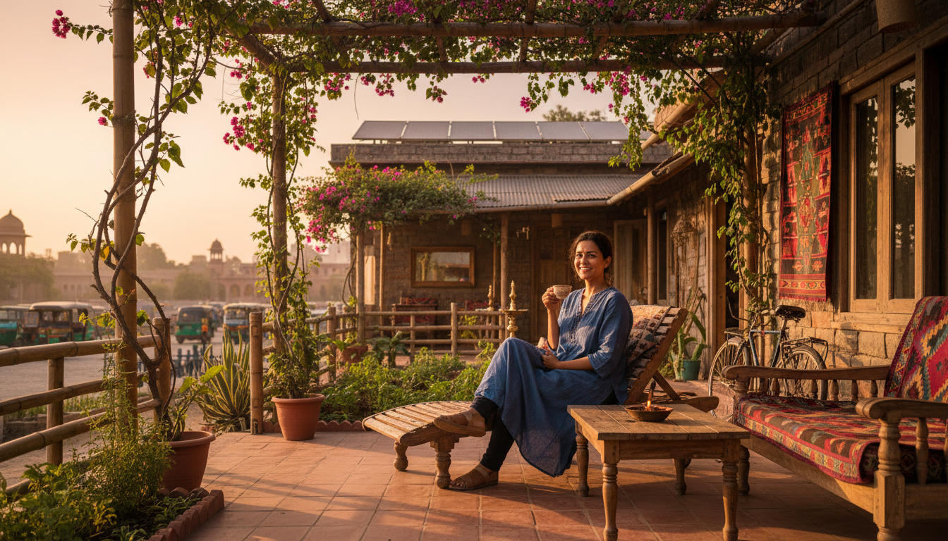 Solar panels and a rooftop garden on a Delhi hotel above the treeline