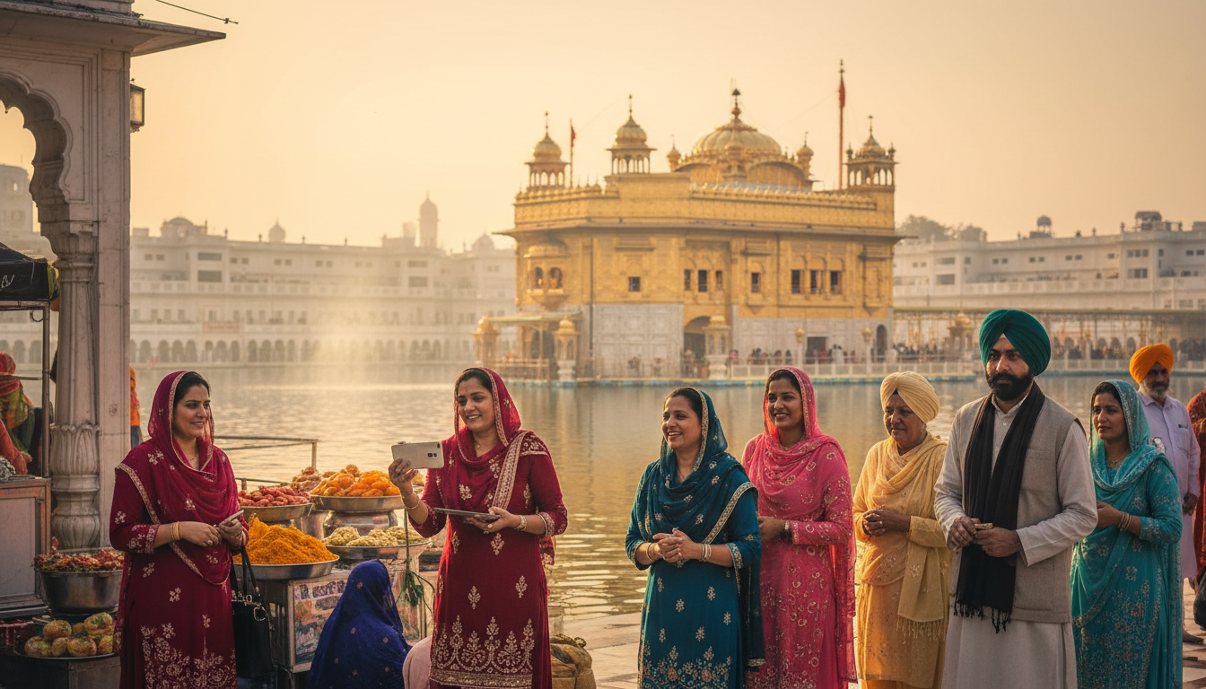 Golden Temple and the walled city of Amritsar at dawn