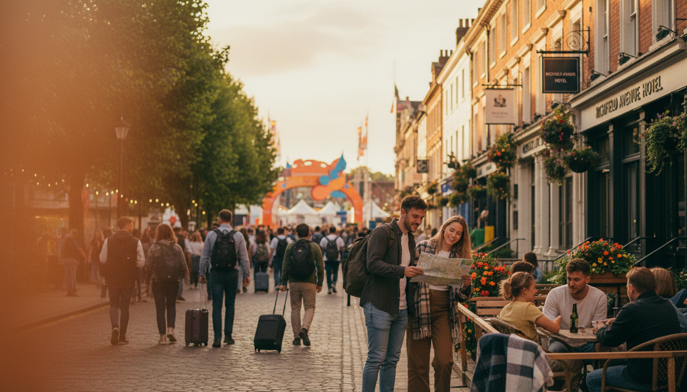 Crowds walking down Richfield Avenue toward Reading Festival on August bank holiday weekend