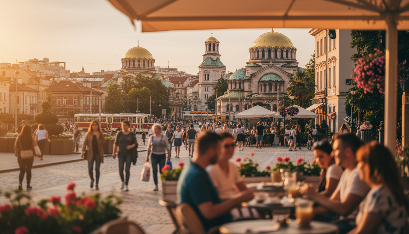 Rooftops and boulevards of central Sofia seen from above, the neighbourhoods a first-time visitor chooses between
