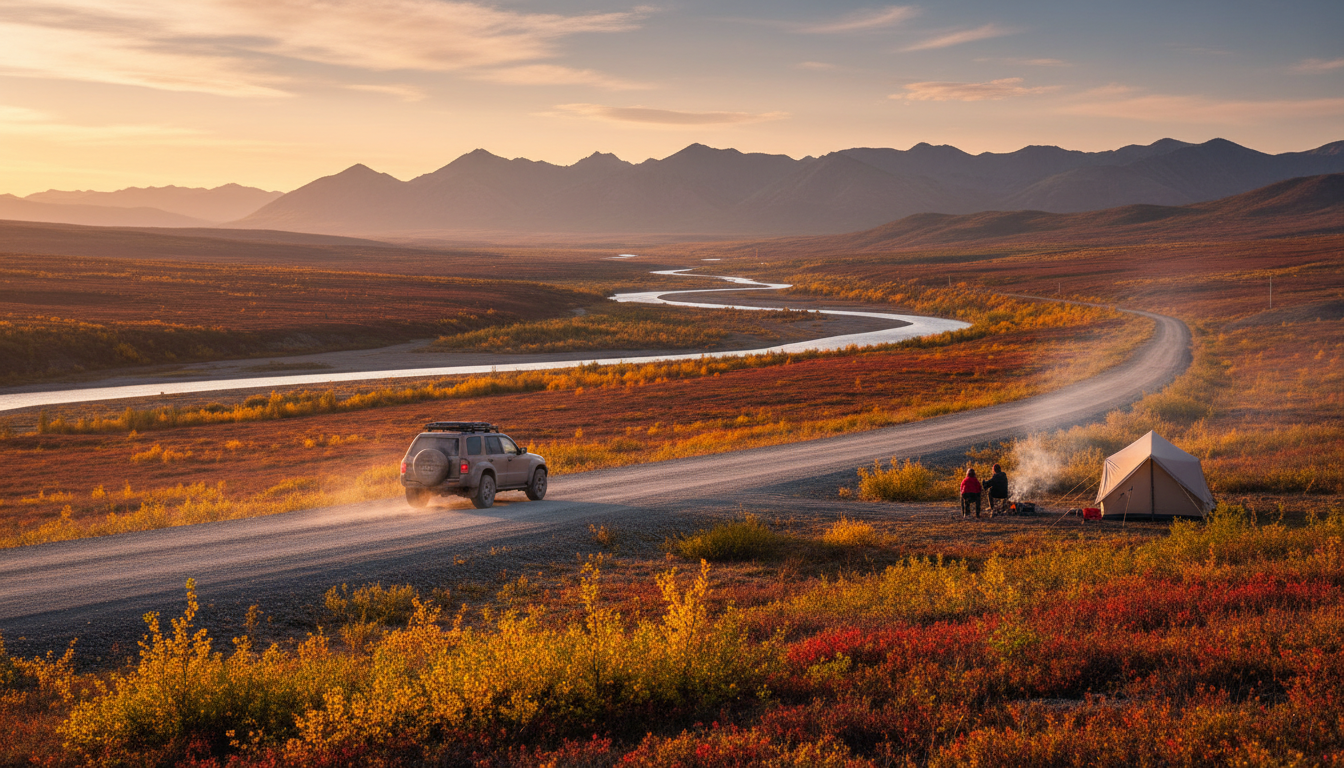 Gravel highway crossing tundra toward distant peaks